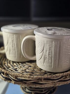 Set of 2 Crofton Cream Ceramic Cable Knit Soup Mugs with Lids NWT 20oz